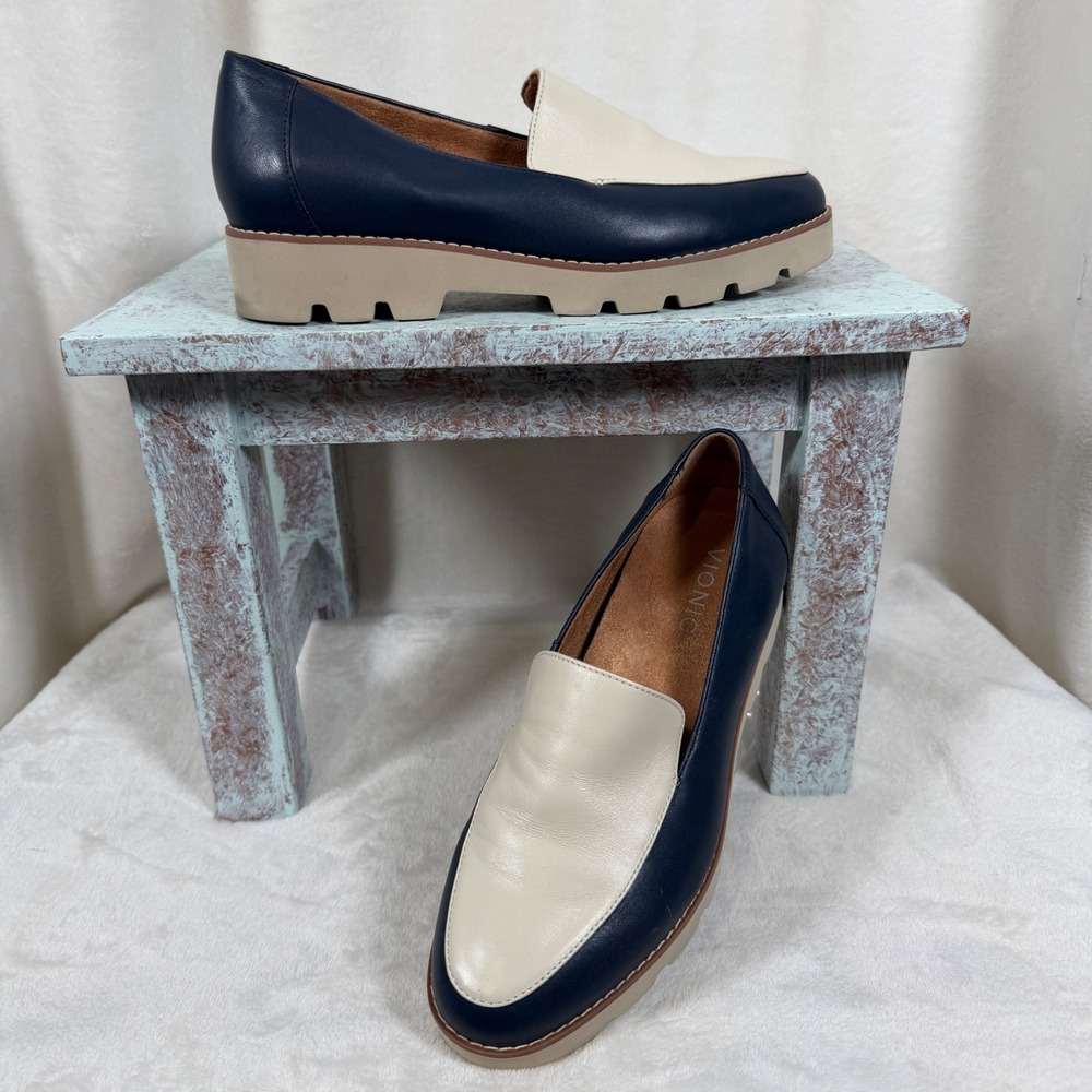 Vionic Kensley Loafers Women Size 7 Navy Blue Cream Leather Lug Sole Platform